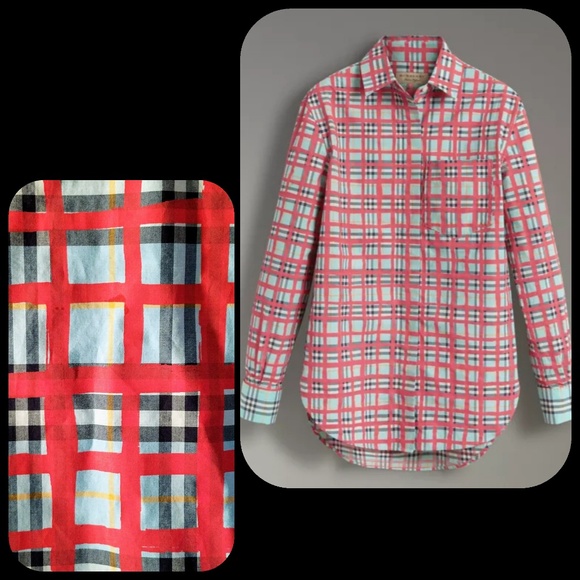 Burberry Tops - WOMEN'S BURBERRY CHECK BUTTON DOWN BRIGHT OVERSIZED SHIRT